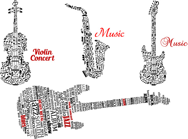 音符や英単語 アルファベットで表現された楽器 ギター サックス バイオリン のイラスト素材 All Free Clipart