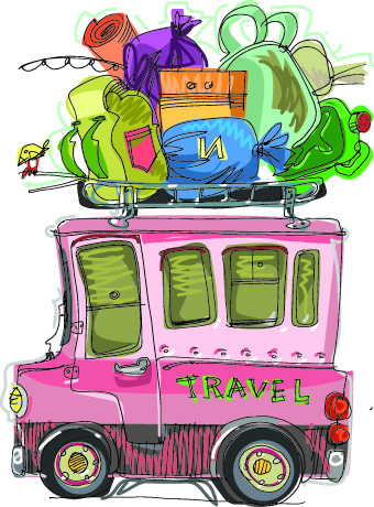 Cartoon-car-5 手書きで可愛い荷物をいっぱい積んだ旅行中の車　無料ベクターイラスト素材