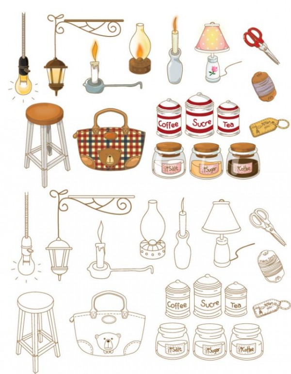 Hand-painted-icon-vector-material-supplies-home-600x769 カントリー調のクリップアート（家具・小物・雑貨・日用品）