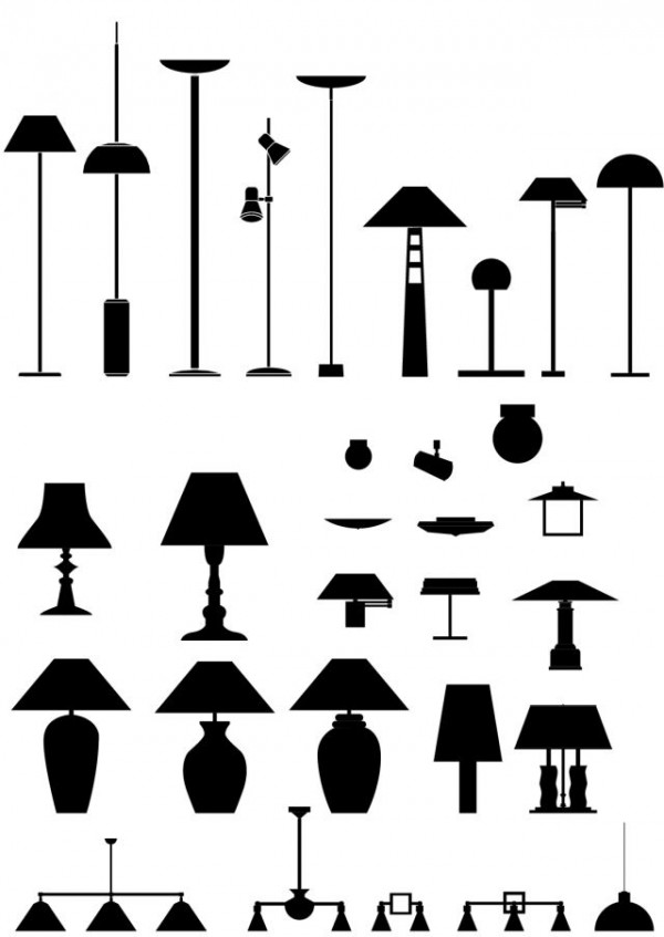 Lamps-silhouettes-600x847 フロア・スタンド・スポット・シーリングなどランプの無料ベクターシルエット素材