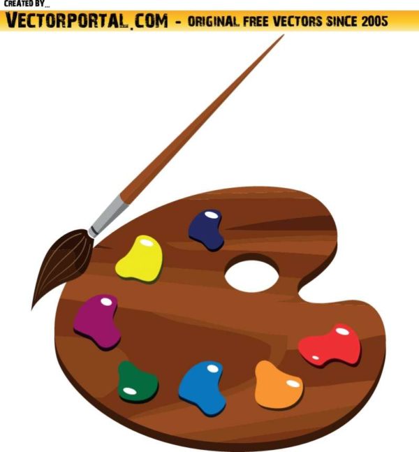 Paint-Palette-Clip-Art-Free-600x647 絵の具のパレットと筆。無料ベクタークリップアート素材