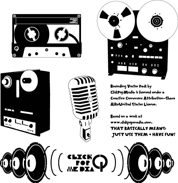 Recording-Pack-Free-Vector-Art レアなアナログ素材。オープンリールやカセットテープの無料ベクターシルエット素材