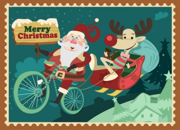Santa-Reindeer-funny-Christmas-background-600x434 ちょっとおちゃめなサンタとトナカイのメリークリスマス無料イラスト素材