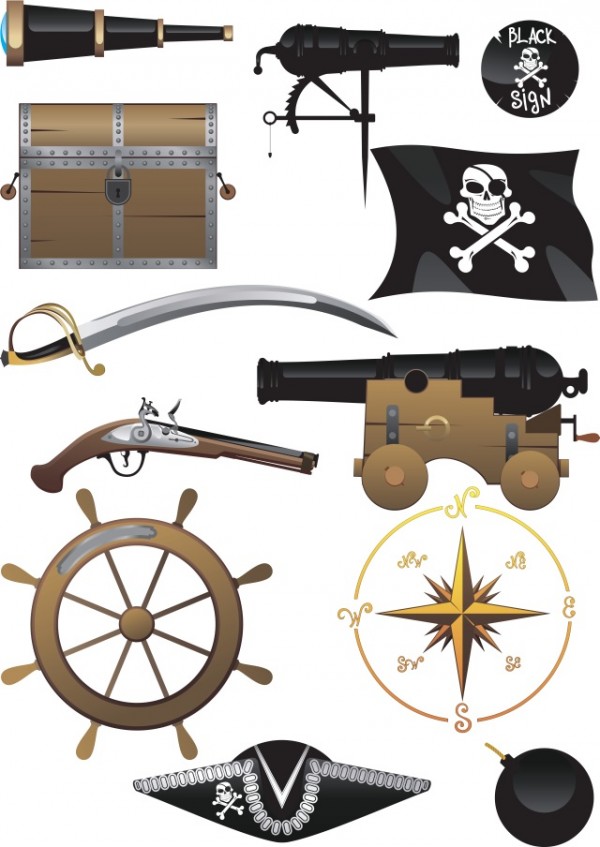 Set-of-cartoon-pirate-elements-600x847 無料ダウンロード！海賊グッズのベクターイラスト素材
