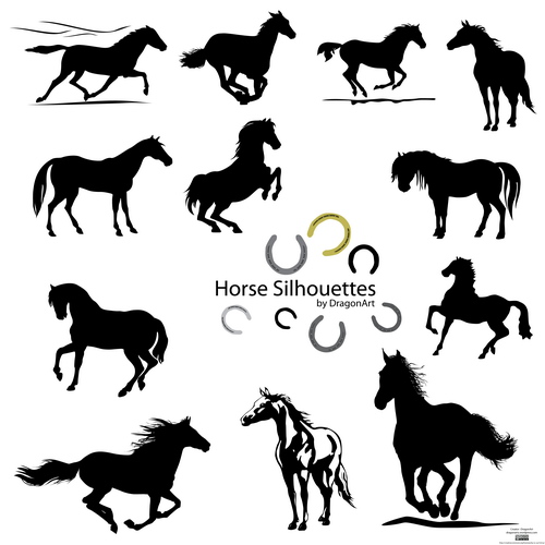 Vector-Horse-Silhouettes-Preview-by-DragonArt 馬のポーズが12入りセットになった無料ベクターシルエット素材