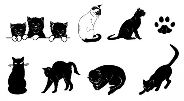 black-cats-600x332 9匹の黒猫と足跡の無料ベクターイラスト素材