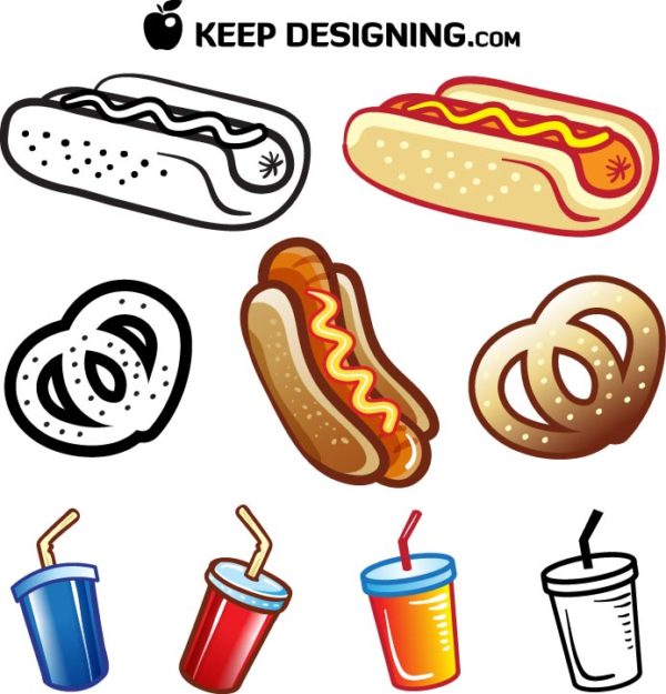 summer-food-hotdog-pretzel-drink-vectors-keepdesigning-600x625 ホットドッグやプレッツェル＆ドリンクのファストフードベクタークリップアート素材